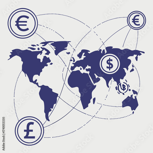 Global currency connections map illustration