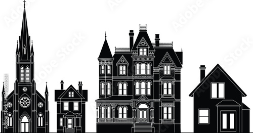 Architectural Silhouettes of Gothic Church, Victorian Mansion, Townhouse, Modern and Classic Homes – Vector Art for Design, History, Education