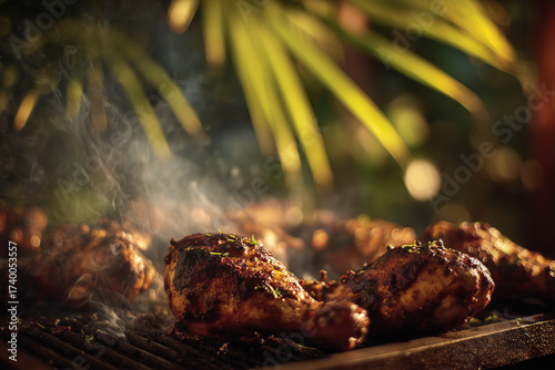 Jerk chicken smoky grill char perfection showing Jamaican chicken with authentic barbecue marks and cooking atmosphere.