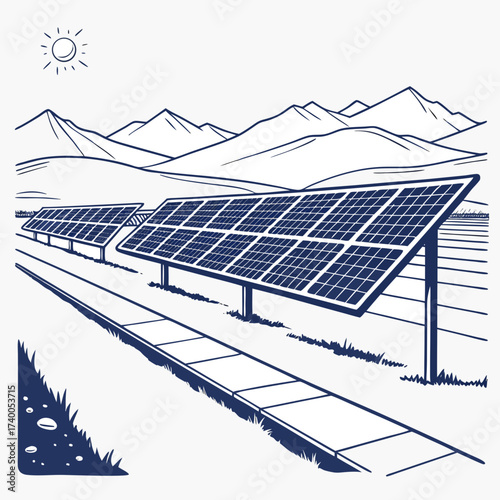 A scenic landscape illustration featuring a solar farm with rows of photovoltaic panels under a bright sun and distant mountains