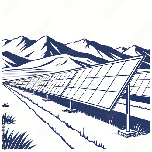 Expansive solar panel array stretching across a field towards majestic mountains under a clear sky