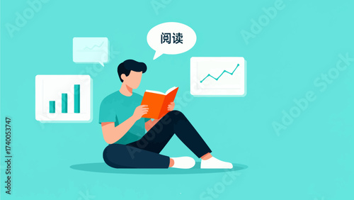 Person reading book with data charts
