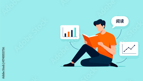 Person reading book with data charts