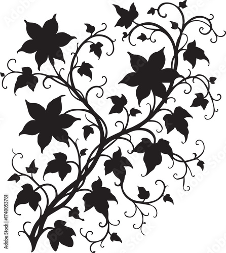 Elegant Floral Silhouette Lush Vine with Blooms and Leaves, black silhouette clip art vector drawing