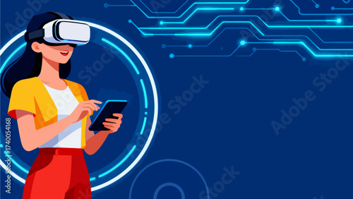 Woman using VR headset and tablet