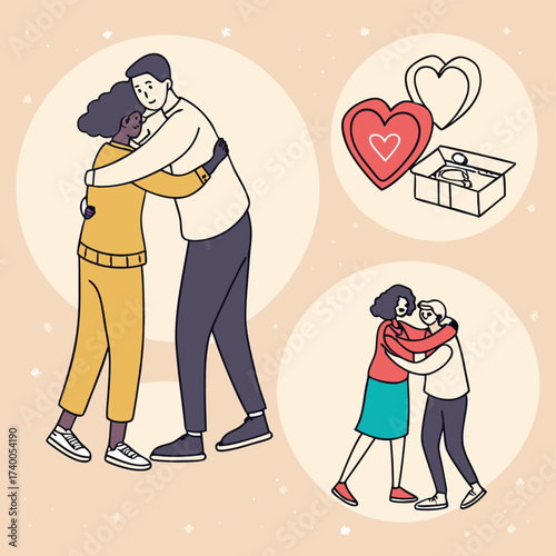 Hugging couples cartoon illustration