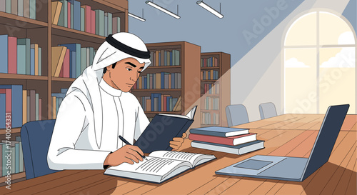 A young man in traditional attire studies at a library table, writing in a book.