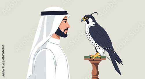 Man in traditional Arab clothing looking at a falcon perched on a stand.