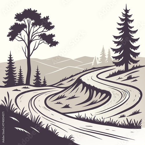 Stylized illustration of a winding road through rolling hills and pine trees in a minimalist monochromatic style