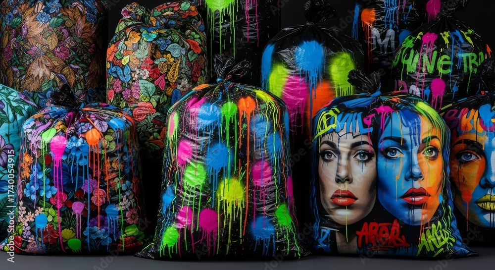 Fototapeta premium Colorful graffiti art displayed on black trash bags featuring various designs