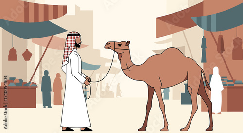 An illustration depicts a man leading a camel through a bustling marketplace.