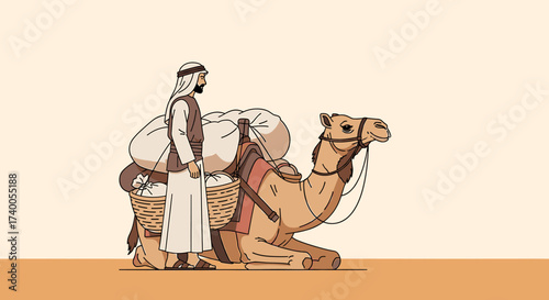 An illustration depicts a man with traditional attire standing beside a laden camel.