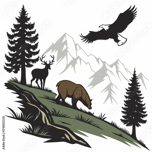 Majestic wildlife scene featuring an eagle in flight over a bear and deer in a mountainous forest landscape
