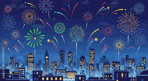 Celebration Fireworks Over a City Skyline at Night