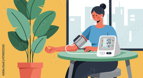 Woman checking blood pressure at home for health monitoring