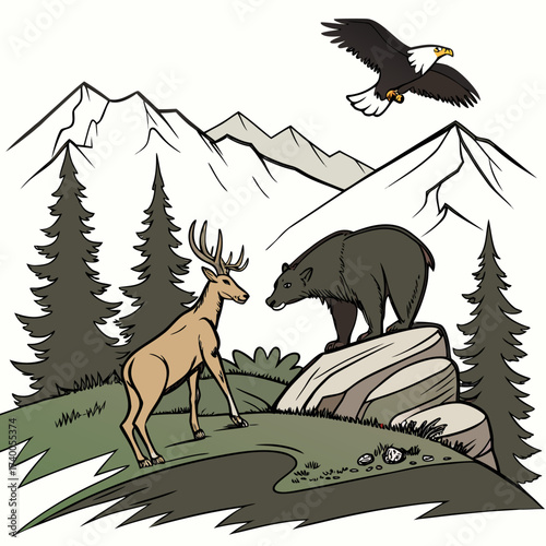 Majestic wildlife encounter in a mountainous forest landscape with an eagle soaring above