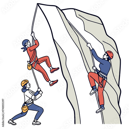 Three diverse individuals engaged in rock climbing on a steep cliff face demonstrating teamwork and outdoor adventure