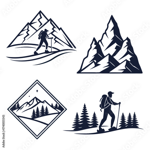 Collection of stylized mountain and hiking silhouettes for adventure and outdoor activity logos and emblems