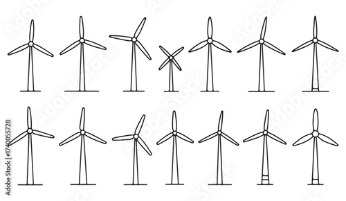 Eco-friendly windmill line drawing collection representing renewable energy and environmental conservation