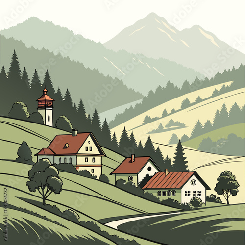 Idyllic european countryside village with rolling green hills pine trees and distant mountains under a soft sky