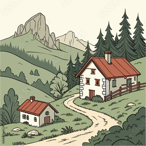 Charming alpine village with rustic houses nestled amidst rolling green hills and majestic mountains