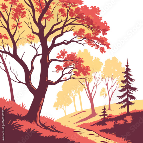 Stylized autumn forest landscape with red and yellow trees and a winding path