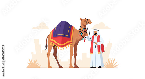 A camel adorned with a decorative saddle stands next to its owner, dressed in traditional attire.