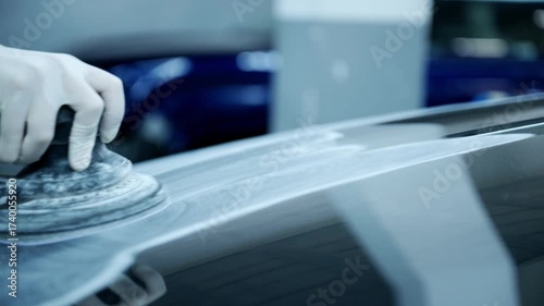 Close-up of a mechanic's gloved hand using a power sander on a car panel, preparing the surface for painting in a professional auto body shop