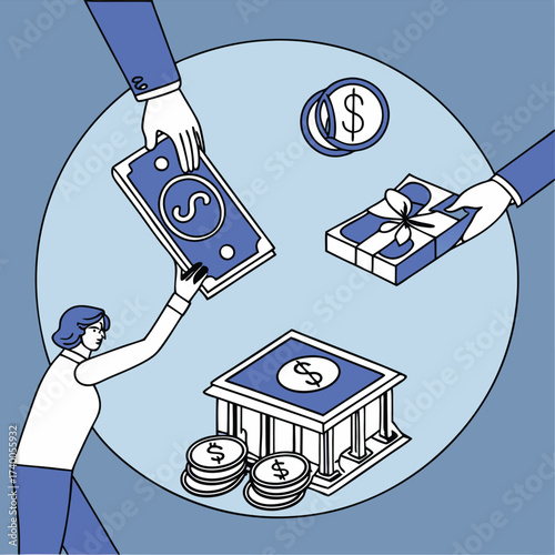 People exchanging money and gift graphic illustration