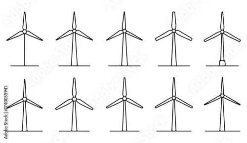 Wind power plant outline icon pack depicting modern clean energy turbines in a minimalist vector style.