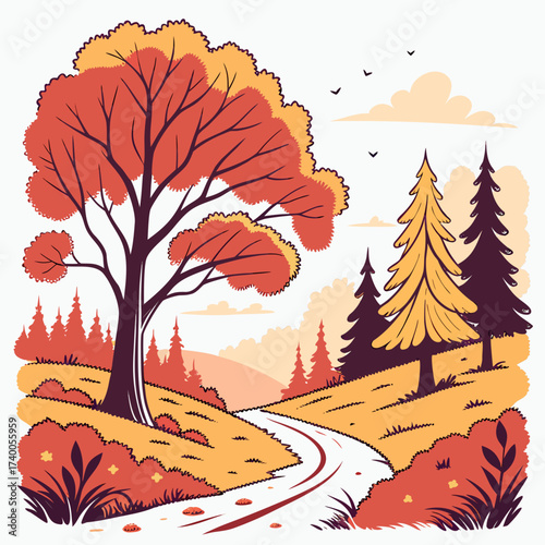 Stylized autumn landscape with a winding path through colorful trees and rolling hills under a cloudy sky