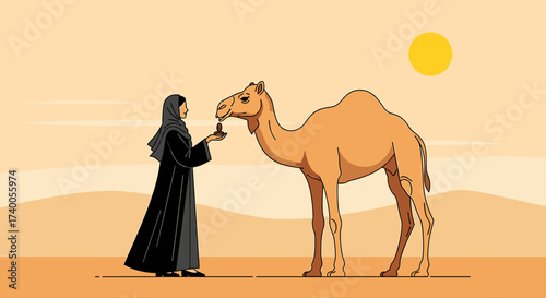 An illustration depicts a woman offering a drink to a camel in a desert landscape.