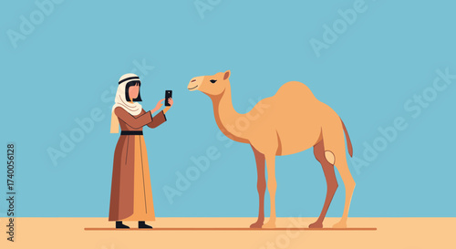 An Arab man in traditional clothing takes a photo of a camel with his smartphone in a desert setting.