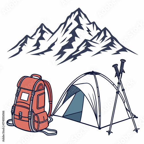 Illustration of a red backpack a tent and trekking poles set against a backdrop of majestic mountains symbolizing outdoor adventure and camping