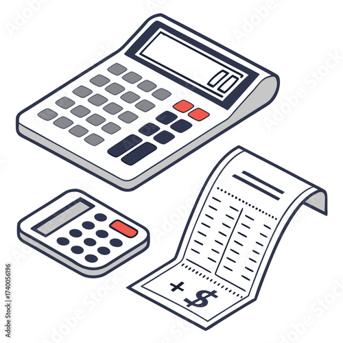 Isometric calculators and receipt illustration