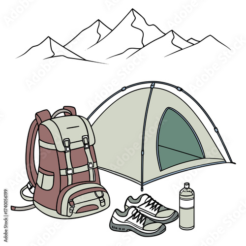 Illustration of camping gear including a backpack tent hiking shoes and water bottle set against a backdrop of mountain peaks