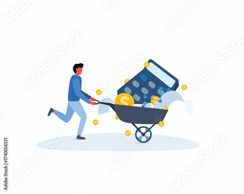 Financial Burden Man struggling with calculations and money. Financial Escape 
