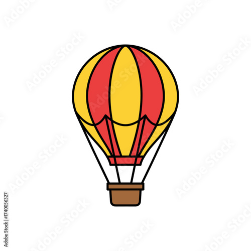 A colorful hot air balloon, with red and yellow stripes, floats against a white background.