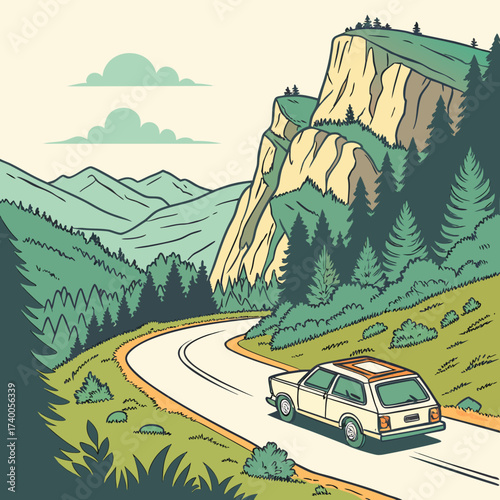 A vintage station wagon drives along a winding road through a scenic mountain landscape with pine trees and a large cliff face