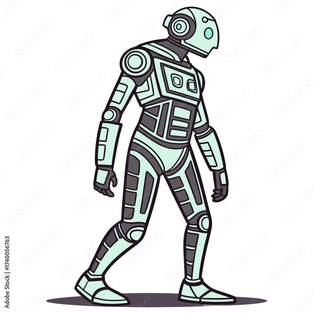 Obraz premium Stylized cartoon robot walking forward with a futuristic design and a pale blue and gray color scheme on a white background