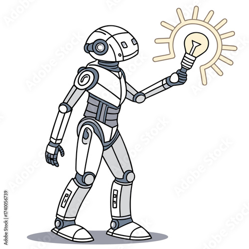A friendly cartoon robot holding a glowing light bulb representing a new idea or innovation in technology and artificial intelligence