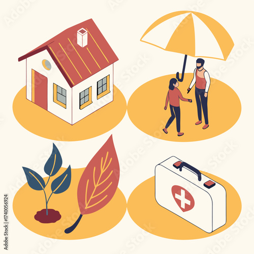 Isometric icons protection home healthcare