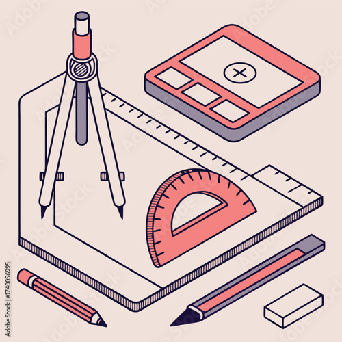 Isometric illustration of drawing tools