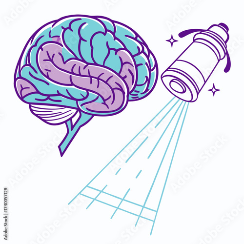 Stylized illustration of a human brain receiving a beam of light from a spotlight symbolizing inspiration and new ideas
