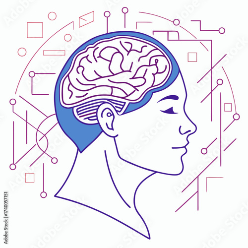 Abstract digital illustration of a human head profile with a stylized brain and interconnected geometric lines symbolizing technology and artificial intelligence