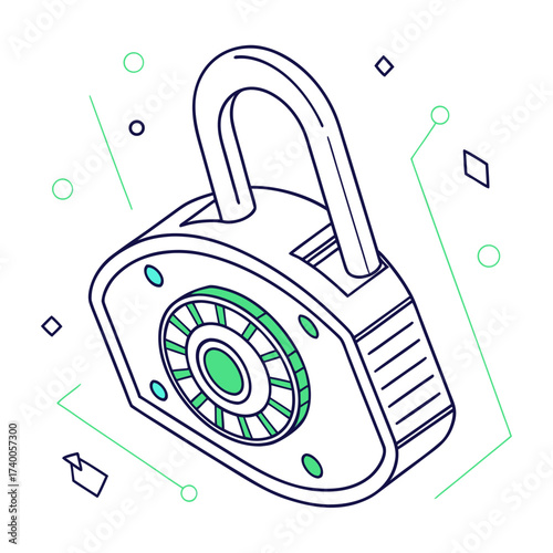Modern isometric illustration of a combination lock with digital circuit elements and geometric shapes representing security and technology