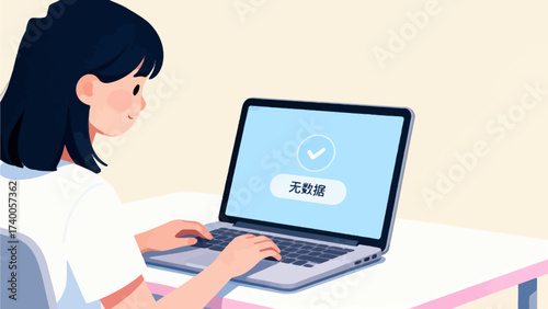 Woman using laptop with checkmark screen
