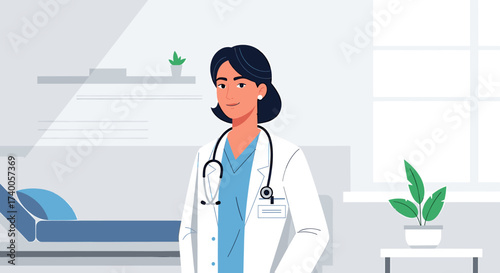 A smiling female doctor stands in a modern examination room, ready to provide care.