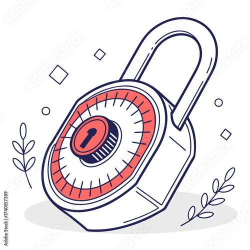 Stylized illustration of a red and blue combination padlock with the number one displayed on its dial surrounded by abstract shapes and plant elements