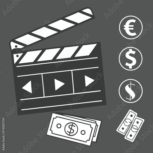 Movie clapperboard with currency symbols